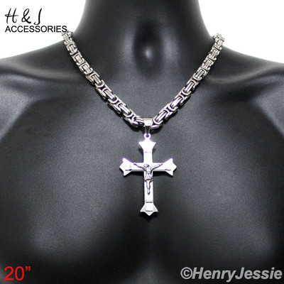 H&J Jewelry Stainless Steel Cuban Curb Chain Necklace With JESUS Cross Pendant - 9x4mm, Silver. Choose Your Length!