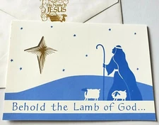 Christmas Card DaySpring Blue and White Shepherd with Sheep Lambs Cut Out Star