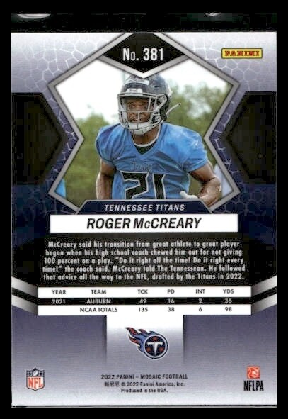 2022 Panini Mosaic #381 Roger McCreary Rookie Tennessee Titans | eBay