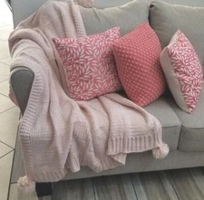 OEKO-TEX Chunky Knit Throw Blanket with Pom-Poms, Light Pink 50"x 60"