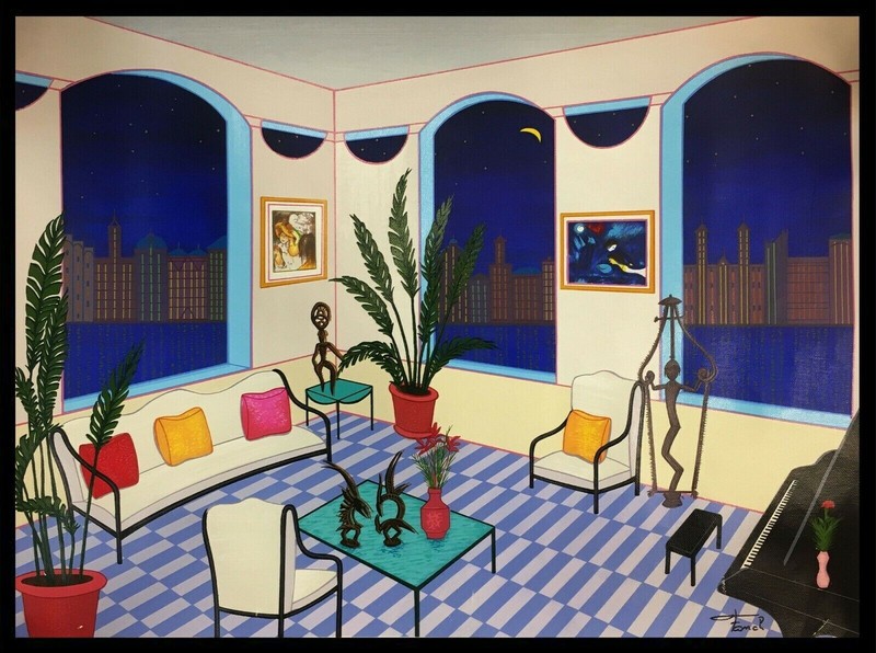 Fanch Ledan! "Interior with Primitive Art Serigraph Signed and Numbered
