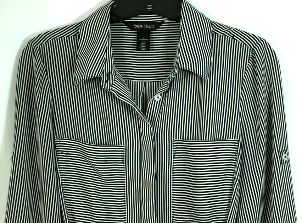 WHBM Camisa Vestido Talla 2 Rayas Cinturón Blusa Estilo Mini Pestaña Enrollable Manga Sin Forro Foto 2 de 4