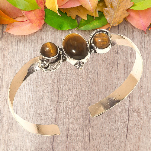Tigerauge Edelstein Armbänder 925 Silber vergoldet Modeschmuck Geschenk für Unisex - Bild 12 von 16