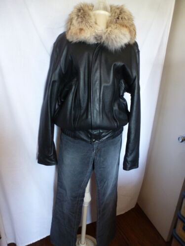 Biker Black Leather Bomber-style Jacket w/fur Lg unisex ALASKA ARTIC FURS NWOT