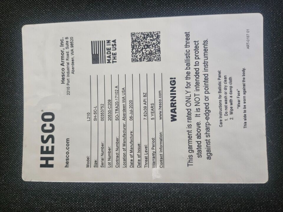 Hesco L210 10x12 Special Threat Plate Set + vest; BRAND NEW UNDER