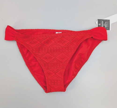 2 Bikini Bottom Women XL Red Crochet Striped Ruffled California Waves Hula Honey - Picture 4 of 17