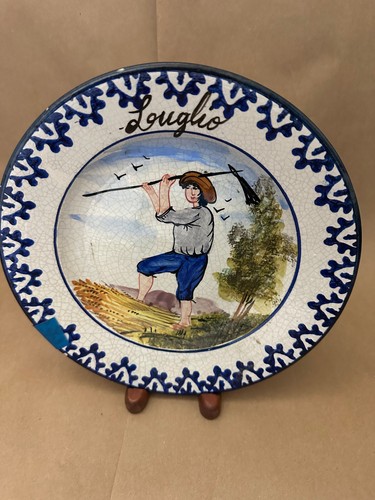 Vintage Antique Luglio July French Italian Faience Plate 8 5/8" Man Scythe Farme - Picture 2 of 3