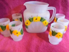 Vintage Federal Glass Gay Fad Flowers Satin Frosted Pitcher + 6 Juice Glasses