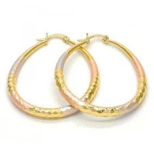 Elegant Women's Tri Color Small Medium Real 14k Gold Layered Oval Hoops 3 Tone