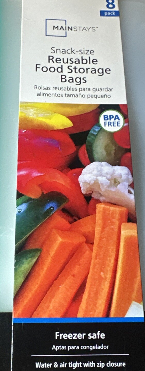 MAINSTAYS 8 pack Snack-Size Reusable Food Storage Bags – 7.5” x 4.5” PEVA