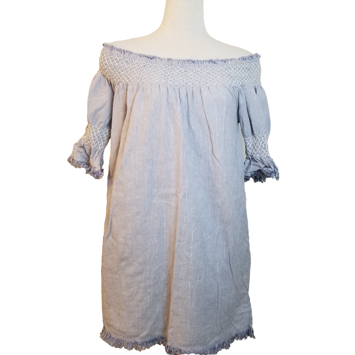 Love Sam Dress Medium Off Shoulder Smock Pinstripe Short Sleeve Mini Blue  White | eBay