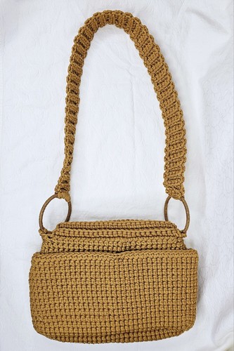 1960-1970s Crochet Purse Ochre Shoulder Bag 13x9x3 Vintage Handmade, Wood Beads - Picture 2 of 9