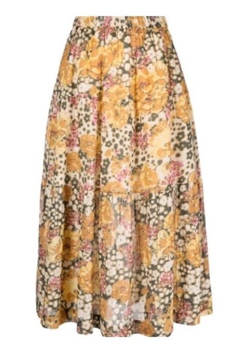 Ba&Sh Damen Maxirock Aquarell Tagebuch Blumen Stufen Ocker Print XS - Bild 4 von 15