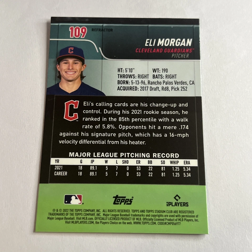 Eli Morgan 2022 Topps Stadium Club Chrome Refractor RC #109- Cleveland Guardians - Image 2 of 2