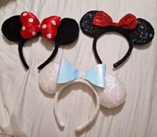 Disney MINNIE MOUSE EARS Bow Sequenced Cupcake Pink Classic Headband Lot Of 3