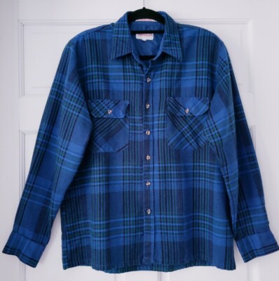 Vtg 60s 70s Campus Blue Plaid Acrylic Shirt Rockabilly Straight Hem Mens Large L