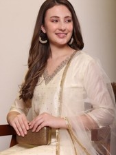 Floral Woven Design V-Neck Straight Kurta With Trouser  Dupatta 3 Pcs Set