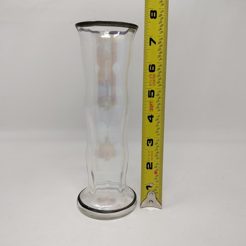 Flower/Bud Vase Iridescent with Silver Rim Top and Bottom Unmarked 7 1/4" Tall - Picture 11 of 11