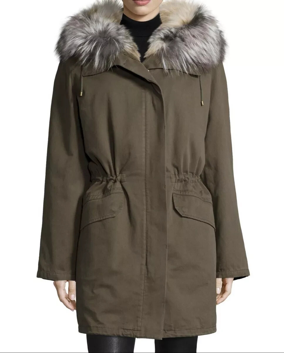 £ 1900 Yves Salomon Parka Cappotto Giacca Pelliccia di Coniglio e Pelliccia di Coyote Bordato con Cappuccio XS