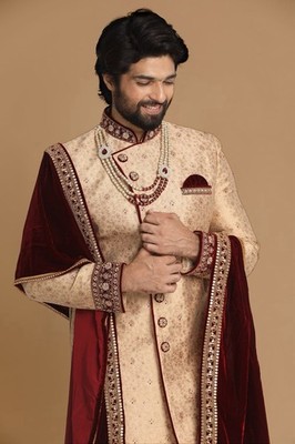 Men s Beige Embroidered Sherwani Brocade Silk Blend w/ Maroon Dupatta
