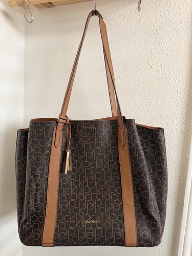 Calvin Klein Monogram Logo Tote Bag Brown Shoulder Handbag