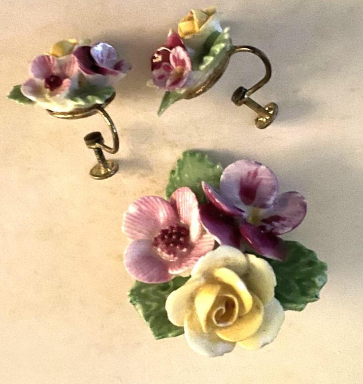 Vtg Denton Of England Bone China Floral Brooch w/screw back Earrings