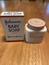 Vtg Johnson's Baby Cream White Glass Jar Metal Lid 2.5 oz Used + Baby Soap New