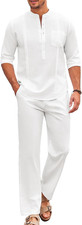 Men'S 2 Piece Cotton Sets Casual Long Sleeve Cuban Henley Shirt and Loose Pants