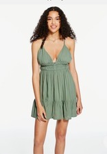 Aeropostale Mini Babydoll Dress Medium V-Neck Strappy Olive Green Resort Beach