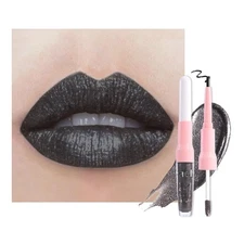 evpct Black Metallic Glitter Lip Liner and Lipstick Combo Lip Gloss Stain Set...