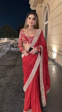 Indian Designer Faux Georgette Red Saree With Blouse For Wedding Wear