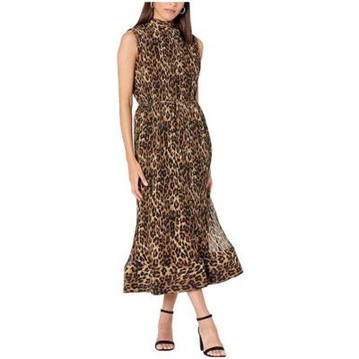 Milly Animal Print Tie Neck Pleated Maxi Dress Women's 12