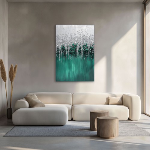 Impresión de pintura de plata verde azulado abstracto brillante joya glam, arte de pared en lienzo enmarcado - Imagen 10 de 15