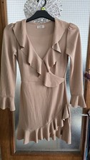 Ladies LAMA Pink Ribbed Knit Ruffle Mini Dress V-Neck Long Sleeve Faux Wrap M