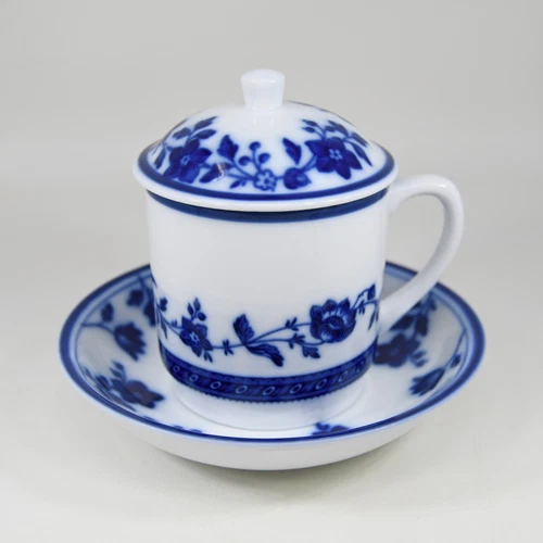Williams Sonoma Coffee Tea Mug Cup Lid Saucer Bowl Cobalt Flow Blue White Floral