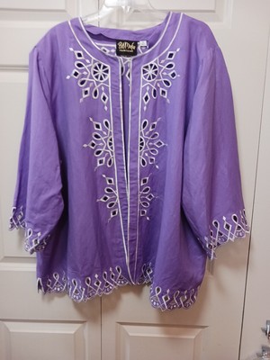 Bob Mackie Open Front Jacket Top 3X Lavendar W Embroidered Cut Outs 3/4 Slv EUC