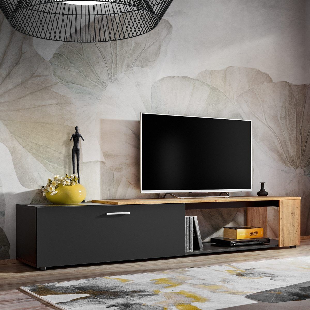 Meuble TV design RTV Maze II 200cm noir et finitions bois naturel