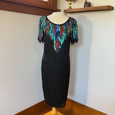 Vintage 80s Nite Line Silk Beaded Sequin Cocktail Dress Black Multicolor Size 12