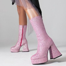 Womens Platform High Block Heels Side Zip Sequins Mid Calf Boots Party Casual SZ