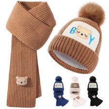 2Pcs Kids Winter Hat Scarf Set, Toddler Boys Winter Hats Beanie with Pom, Cut...
