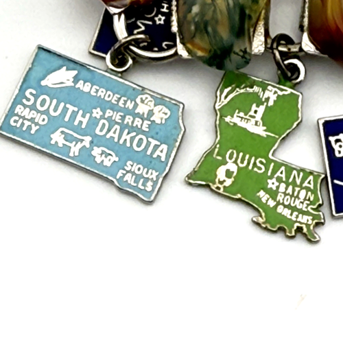 Vintage 1950s USA Map States Charm Bracelet Travel Souvenir Gemstone and Enamel - Picture 20 of 22