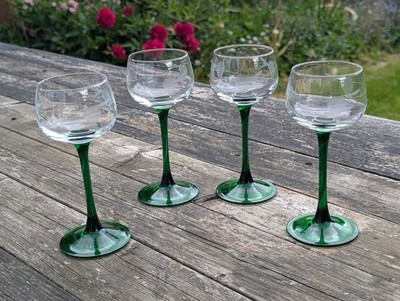 Vintage Luminarc Grün Stiel Weingläser 4er Set Geätzt Weinrebe Französisch MCM