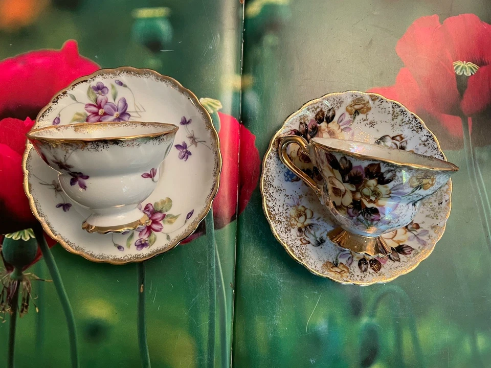 2 Trimont Japan Cups & Saucers Purple Floral 1 Lusterwear Spray Gold Trim - Image 2 of 4