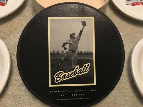 Vintage 4er Set Pottery Barn Baseball 8" Steinzeug Spielball Teller OVP - Bild 7 von 9