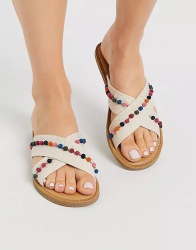 Toms Viv Cross Strap Natural Multicolored Pom Pom Detail Flat Sandals 7.5 |  eBay