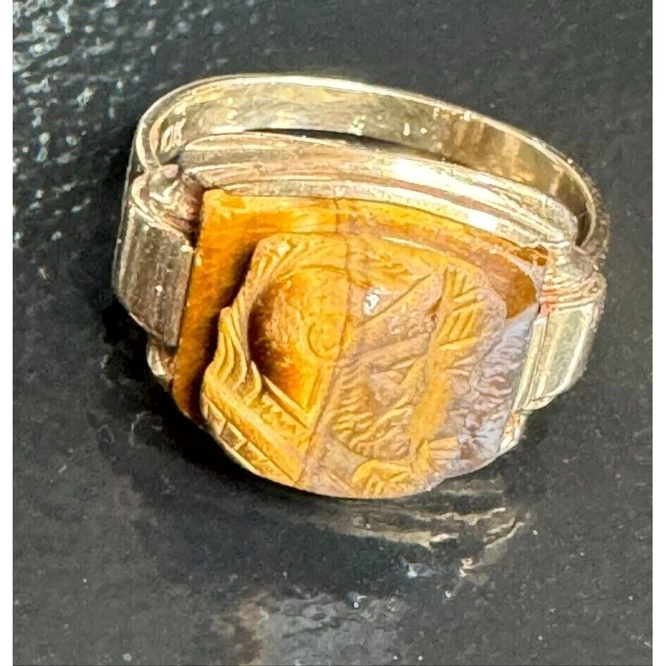 ANILLO CAMAFEO HOMBRE ORO AMARILLO Y OJO DE TIGRE GUERREROS TALLA 11.25 CIELO Foto 2 de 4