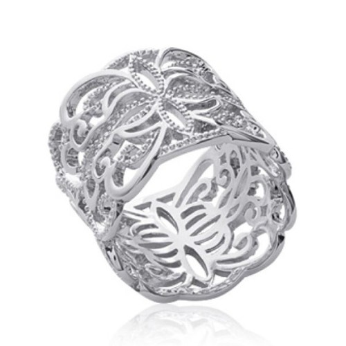 Bague Argent Massif Avec Arabesques Ajourées Et Zirconiums - Taille 57, Occasion