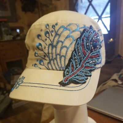 KBethos Off White Cap With Beaded Feather