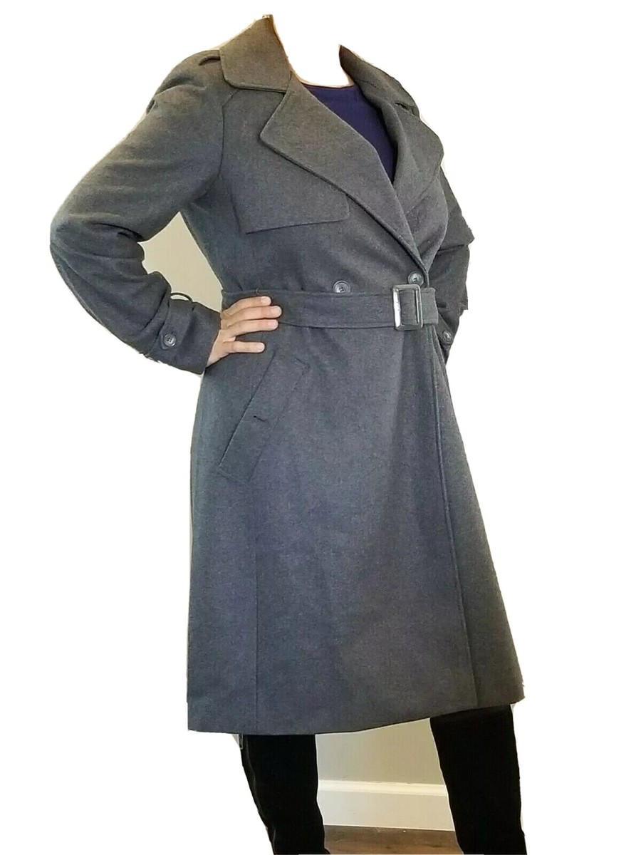 DKNY Gray Wool Blend Belted Long Trench Coat Double Breasted Women's Size 12