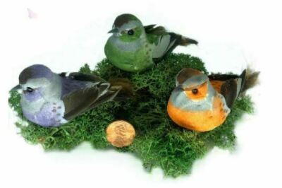 Green, Orange and Purple Birds,   Set of 3 Fairy Garden Birds for Nests, Plants